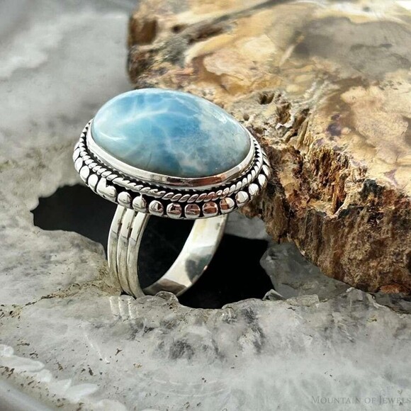 Sterling Silver Southwestern Style Oval Larimar Decorated Bar Ring S 7 For Women - Picture 3 of 10
